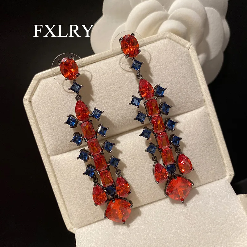 

FXLRY High Quality Fashion Red Cubic Zirconia Long Earring for Women Girl Bridal Wedding Accessories