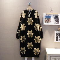bowknot bear round neck knitted midi dress winter new korean style loose large size all matching overknee dresses