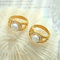 gold pearl ring waterproof gold plated ring womens stainless steel jewelry woman party wedding large pearl rings wholesale