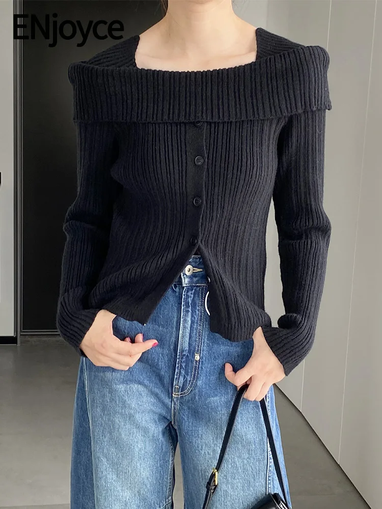 

Женский вязаный кардиган ENjoyce, винтажный однобортный свитер в Корейском стиле с воротником-лодочкой на осень и зиму, 2023