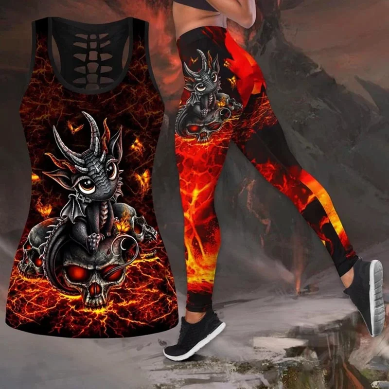 Women's Fashion Lovely Dragon And Skull Red Fire Tank Top And Legging 3D Print Outfit for Women Casual Yoga Pants