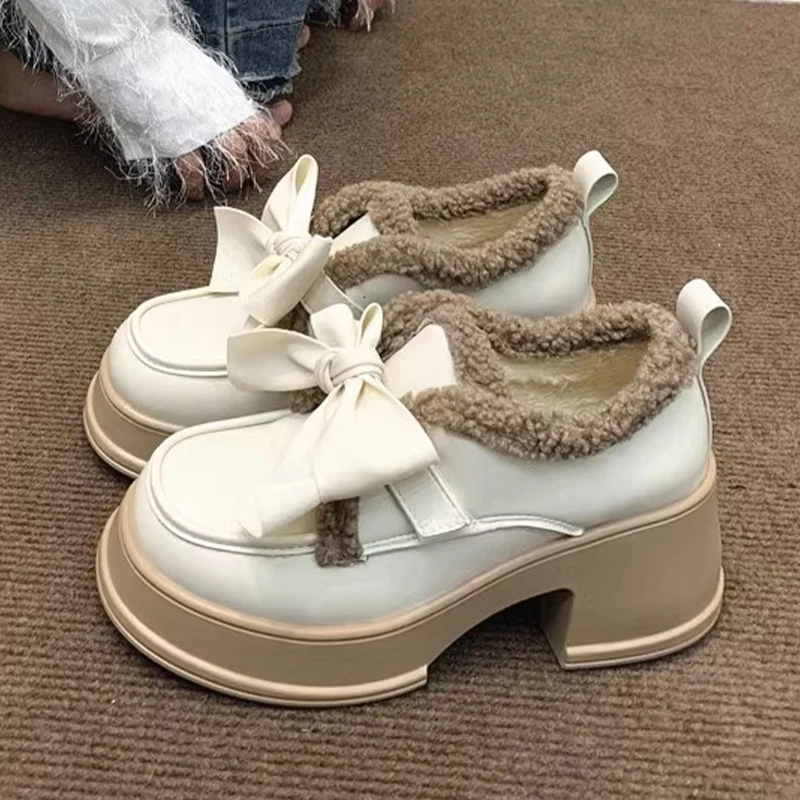 

2024 Winter New Women Bow Short Plush Women Mary Jane Shoes High Heels Ankle Chunky Chelsea Snow Botas Trend Warm Fashion Shoes