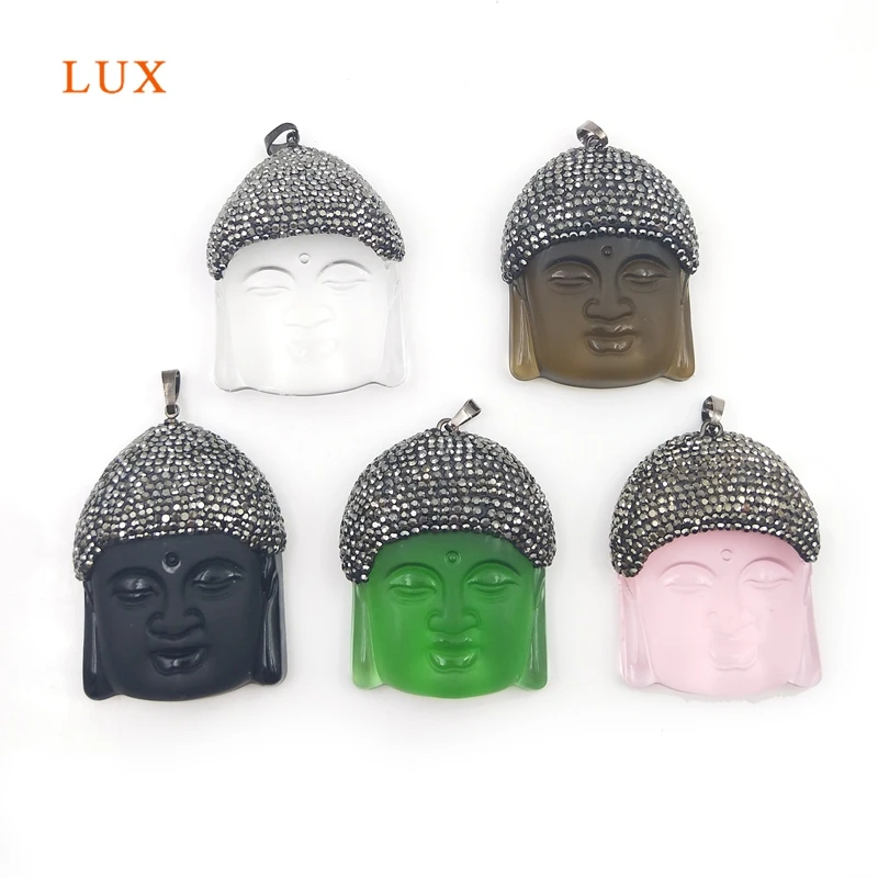 

Buddha Head Amulet Pendants Crystal Pave Rhinestone Gemstone Beads Glass Jewelry Findings for Necklace 40x50mm