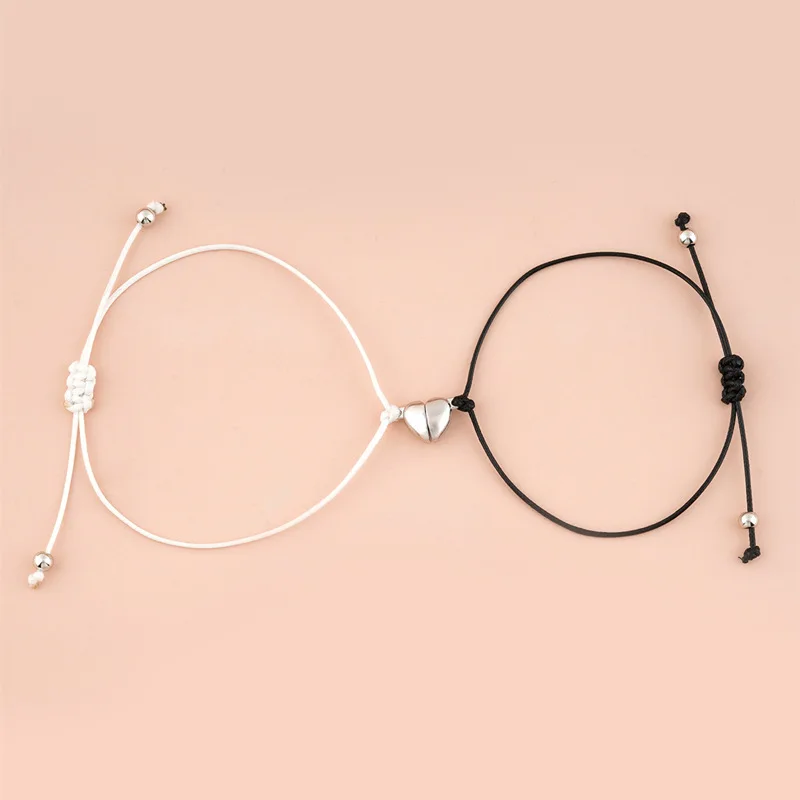 2pcs Magnet Heart Alloy Attracts Charm Bracelet Set Braided Rope Couple Bracelets Adjustable Women Girls Friendship - купить по