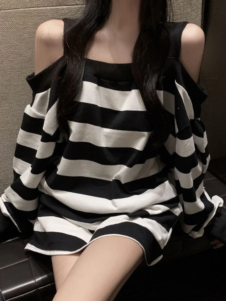 

2023 летние женские винтажные худи в готическом стиле, Свободный Повседневный пуловер в стиле Харадзюку с открытыми плечами, корейский модный шикарный топ