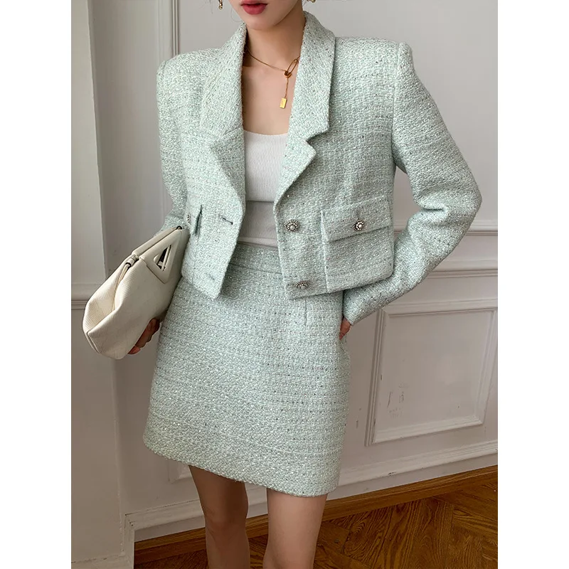 

Осень 2021, новый твидовый костюм с блестками, женские костюмы с юбкой, комплект из 2 предметов, Модный Элегантный Приталенный женский костюм из зрелой юбки, укороченный комплект