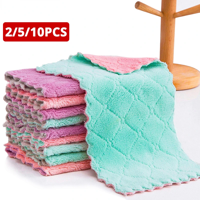 

2/5/10Pcs Microfiber Cleaning Cloth, Double-layer Absorbent Dish Cloth Non-stick Oil Washing Kitchen Rag, Home Clean Wiping Tool