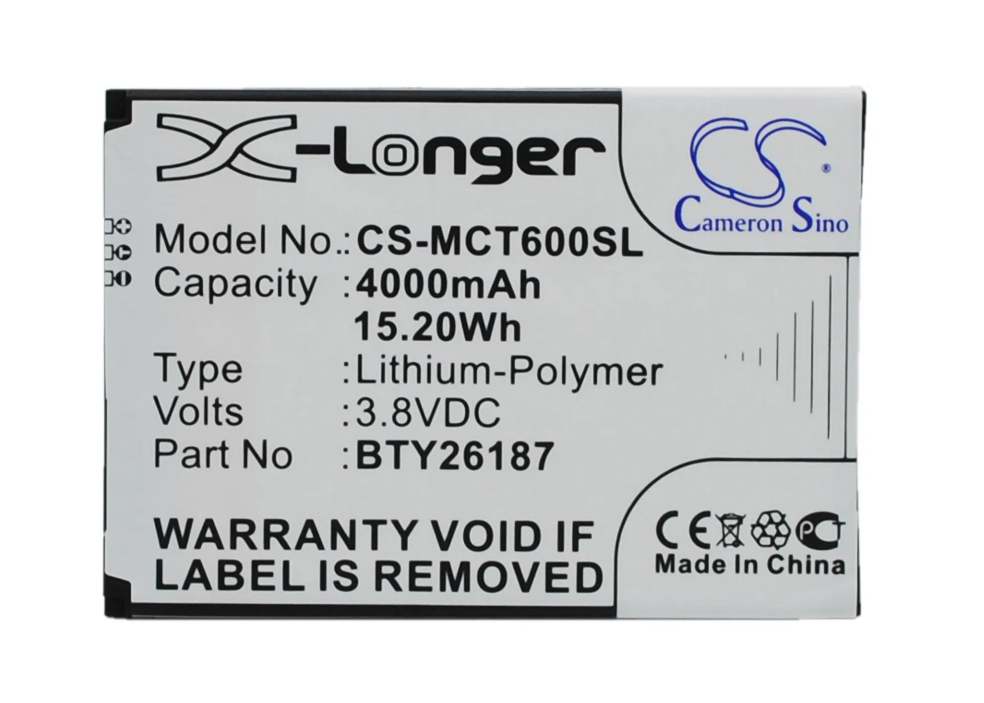 

CS 4000mAh / 15.20Wh battery for Mobistel Cynus T6 BTY26187, BTY26187Mobistel/STD