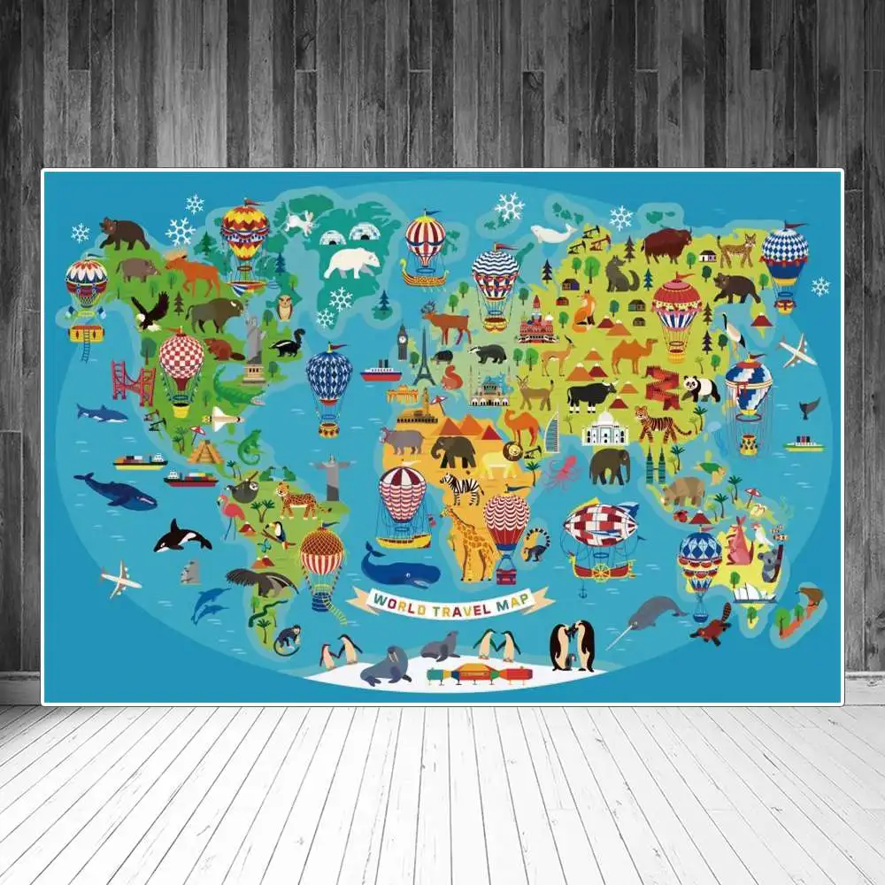 

Kids World Map Photography Backgrounds Cute Blue Ocean Global Animals Landmark Mainlands Birthday Photographic Backdrop Portrait