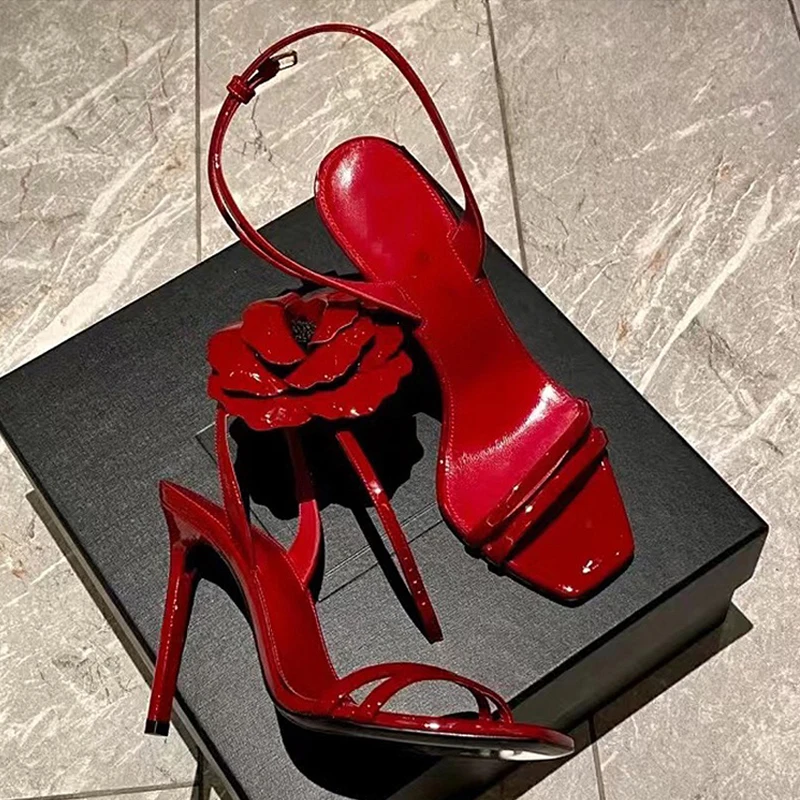 Red Floral Women's Sandals Square Toe Ankle Strap High Heels Stilettos Sexy Luxury Leather Slingback Ladies Summer Hollow Shoes