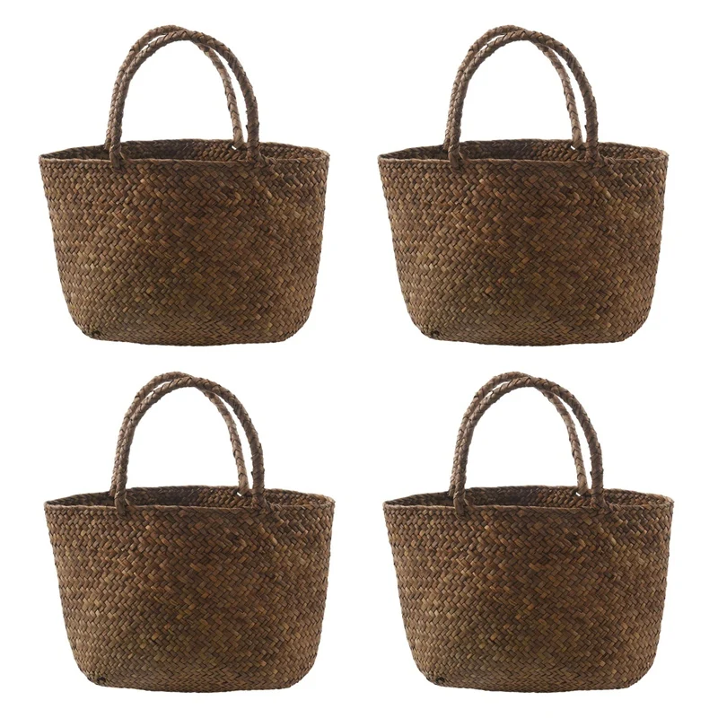 

4X Casual Straw Bag Natural Wicker Tote Bags Women Braided Handbag For Garden Handmade Mini Woven Rattan Bags