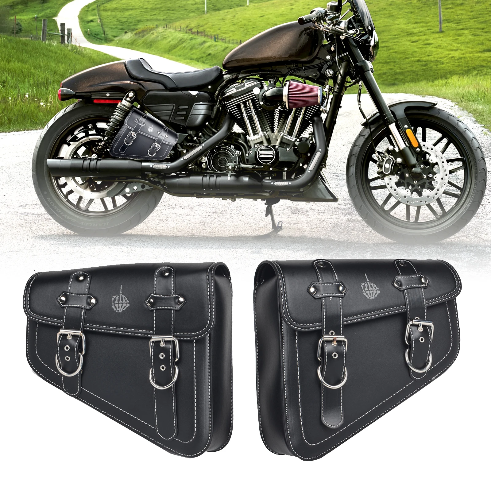 2 Pack Motorcycle Synthetic Leather Motorcycle Swingarm Bags Side Tool Saddlebags Fit for Harley XL883 XL1200 Custom Street 750