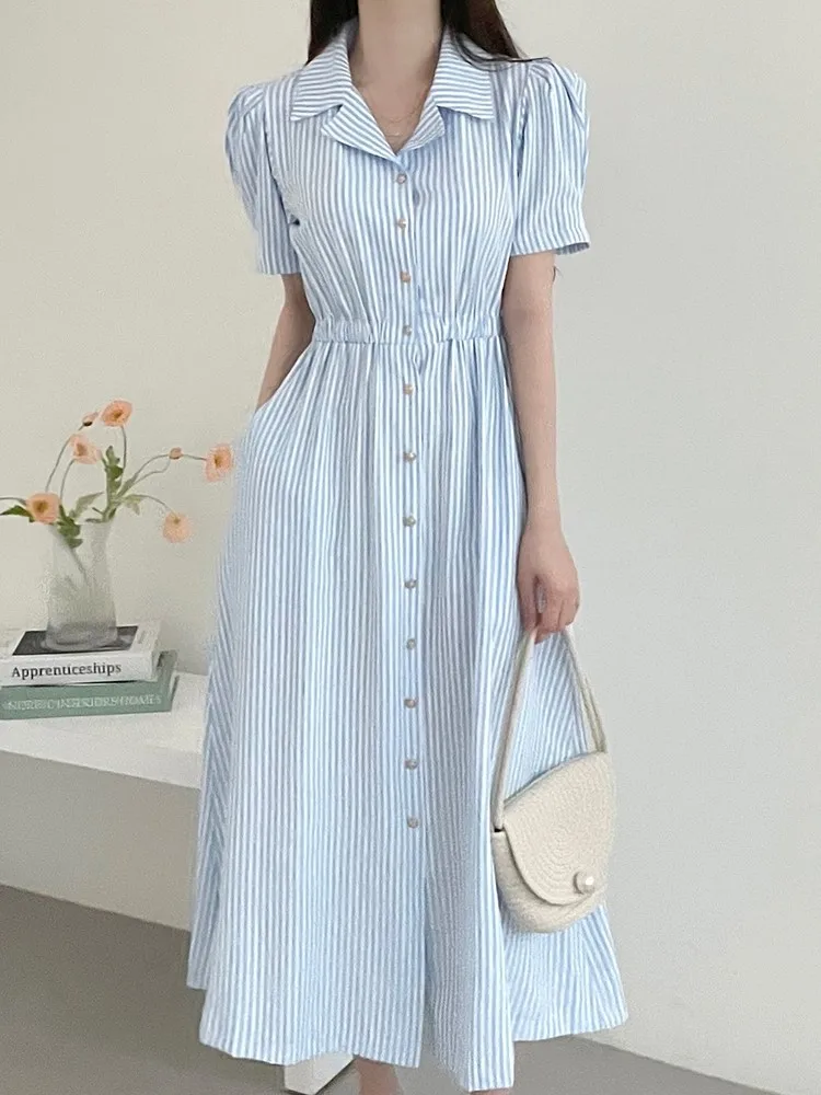 Платье-рубашка женское длинное Плиссированное с пышными короткими рукавами и