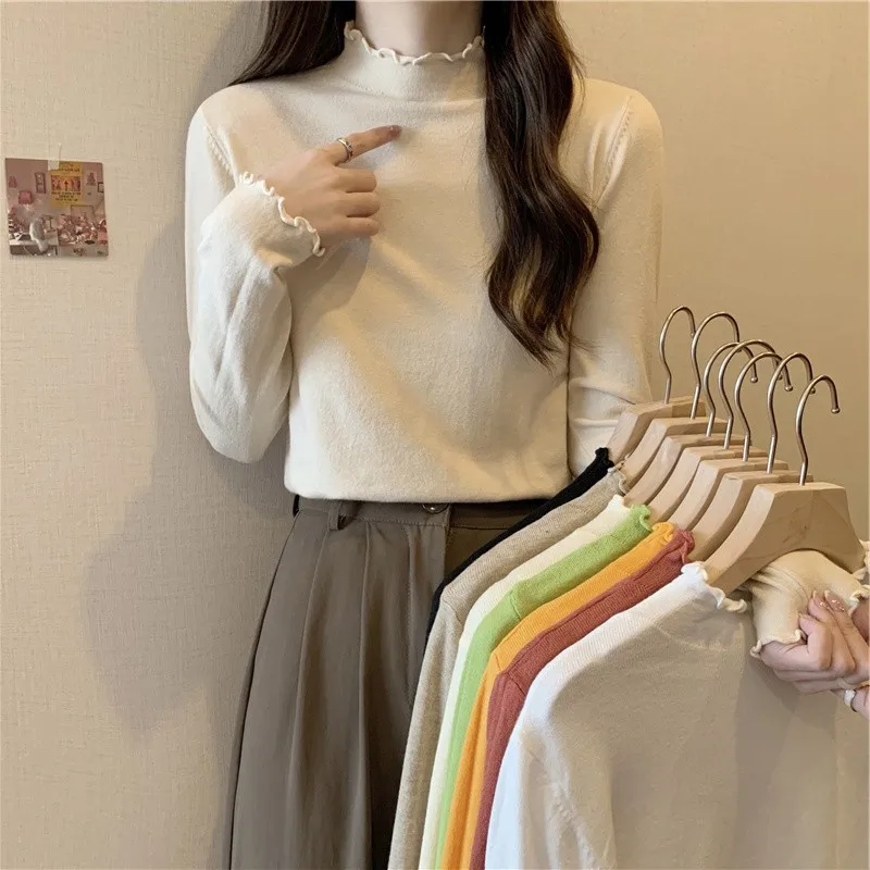 Half-high Collar Dralon Knitted Bottoming Shirt Inner wear Women Autumn and Winter Design Sense Shoulder Long sleeves W...