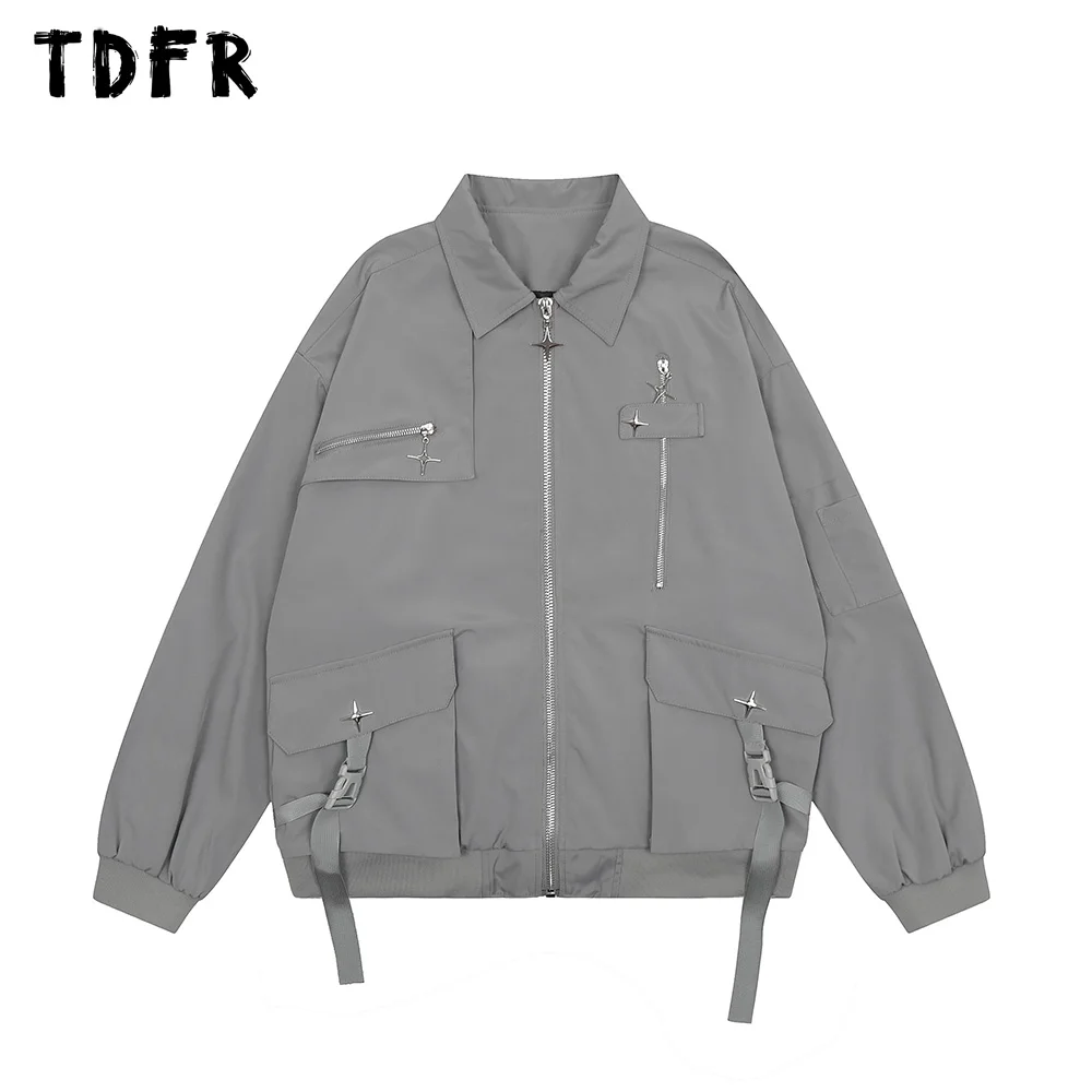 

Однотонная мужская осенняя куртка-карго с карманами и декоративным лацканом, верхняя одежда на молнии с длинным рукавом для мужчин