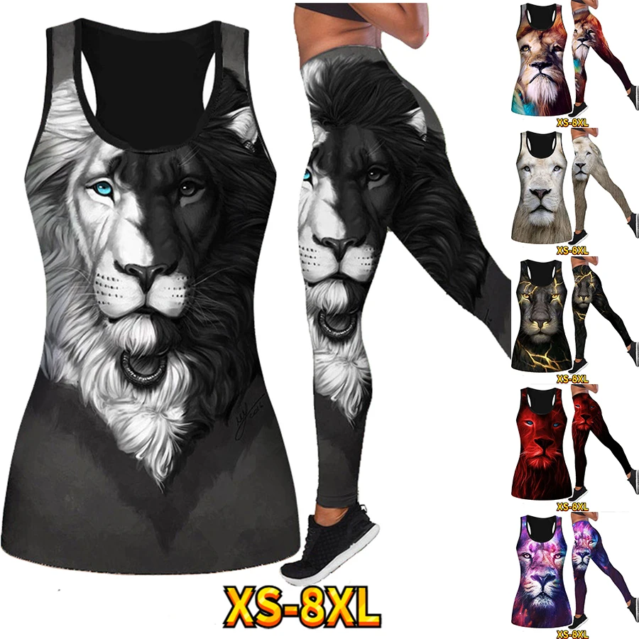 Beach Vest Running Exercise Summer Ladies Breathable Yoga Pantsr Suit Lion Pattern Print Sexy Plastic Butt XS-8XL