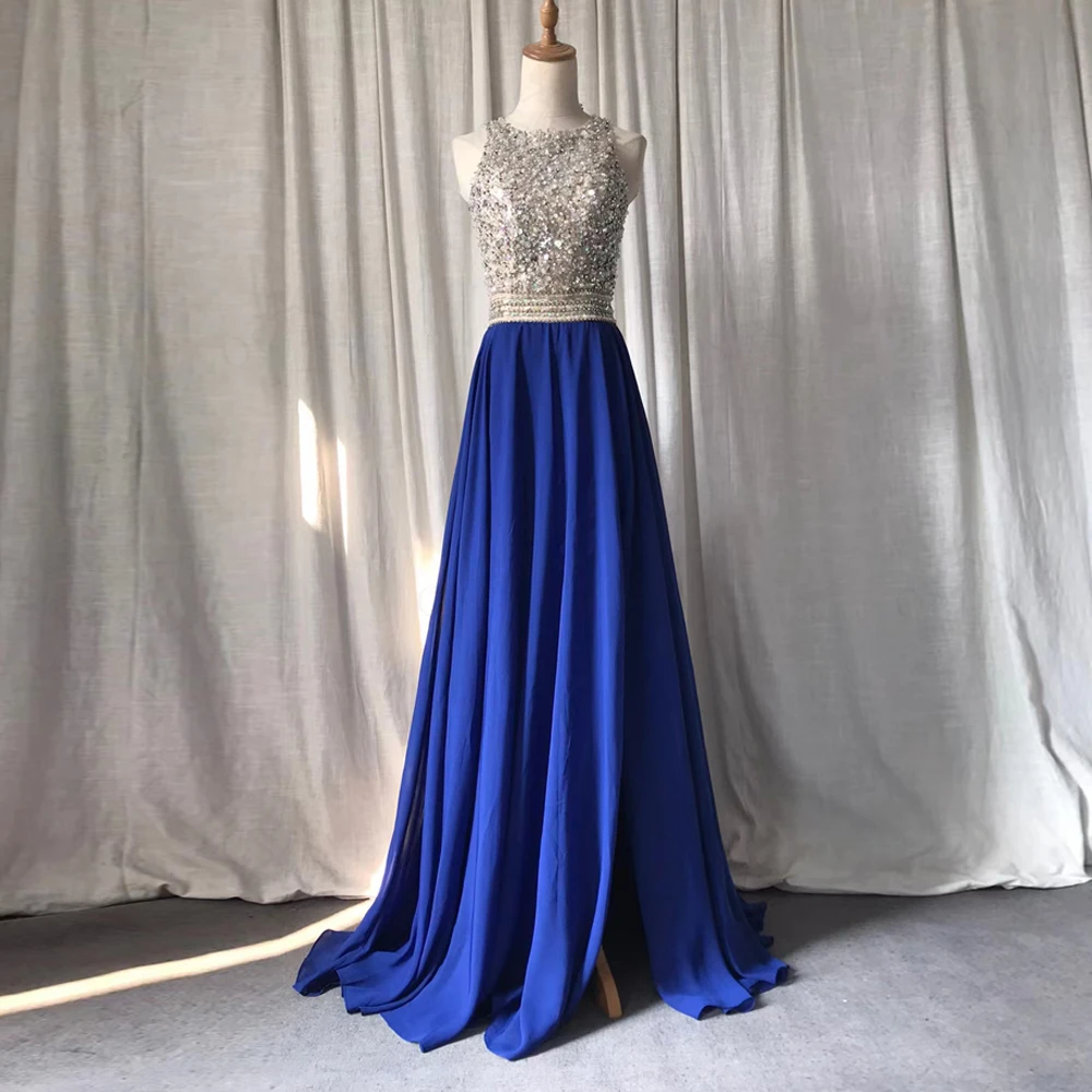 

Royal Blue Prom Dresses Crystals Bodice Chiffon Evening Gown Open Low Back A line Split Formal Party Dress
