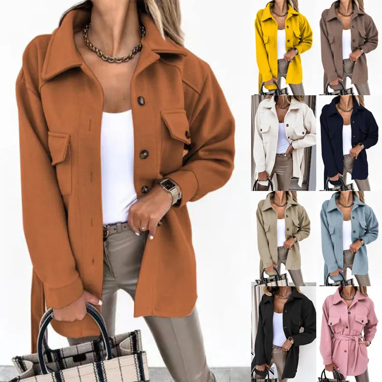 

2022 autumn and winter new women's long-sleeved temperament solid color lapel button tie woolen coat