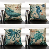 sea turtle printed linen cushion cover marine ocean whale octopus hippocampus home decor pillowcase sofa decoration pillow case