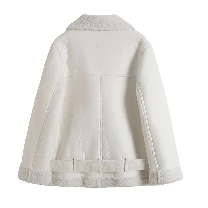 Women's fur integrated jacket Women's mid length motorcycle lapel loose fitting leather jacket Women