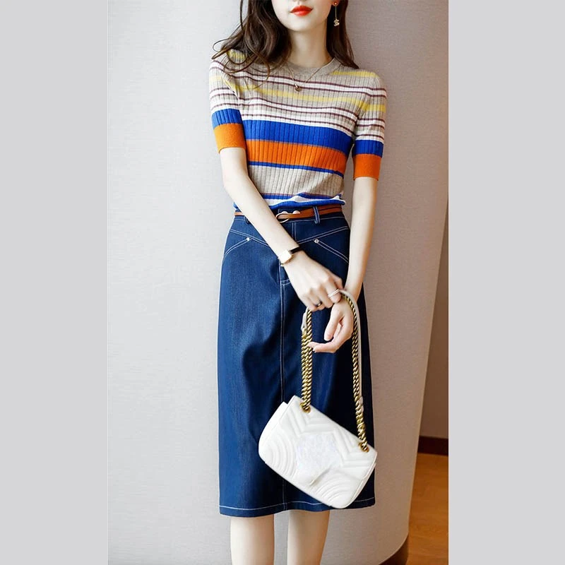 

2022 New Short-sleeved Denim Skirt Two-piece Suit Women's Summer Skirt Suit Womans Clothes for 2022 2 Piece Skirt Set Women