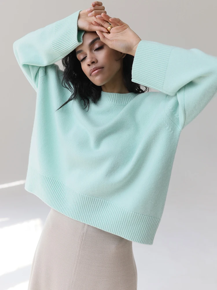 

Женский трикотажный свитер с круглым вырезом, однотонный толстый теплый Свободный пуловер с длинным рукавом, Осень-зима 2022