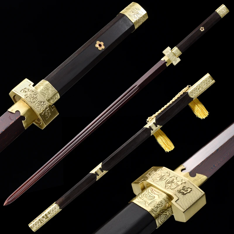 

Good Quality Traditional Chinese Mo Ye's Sword Handmade Craft For Collection Ebony Sheath Brass Fittings Red Folded Steel