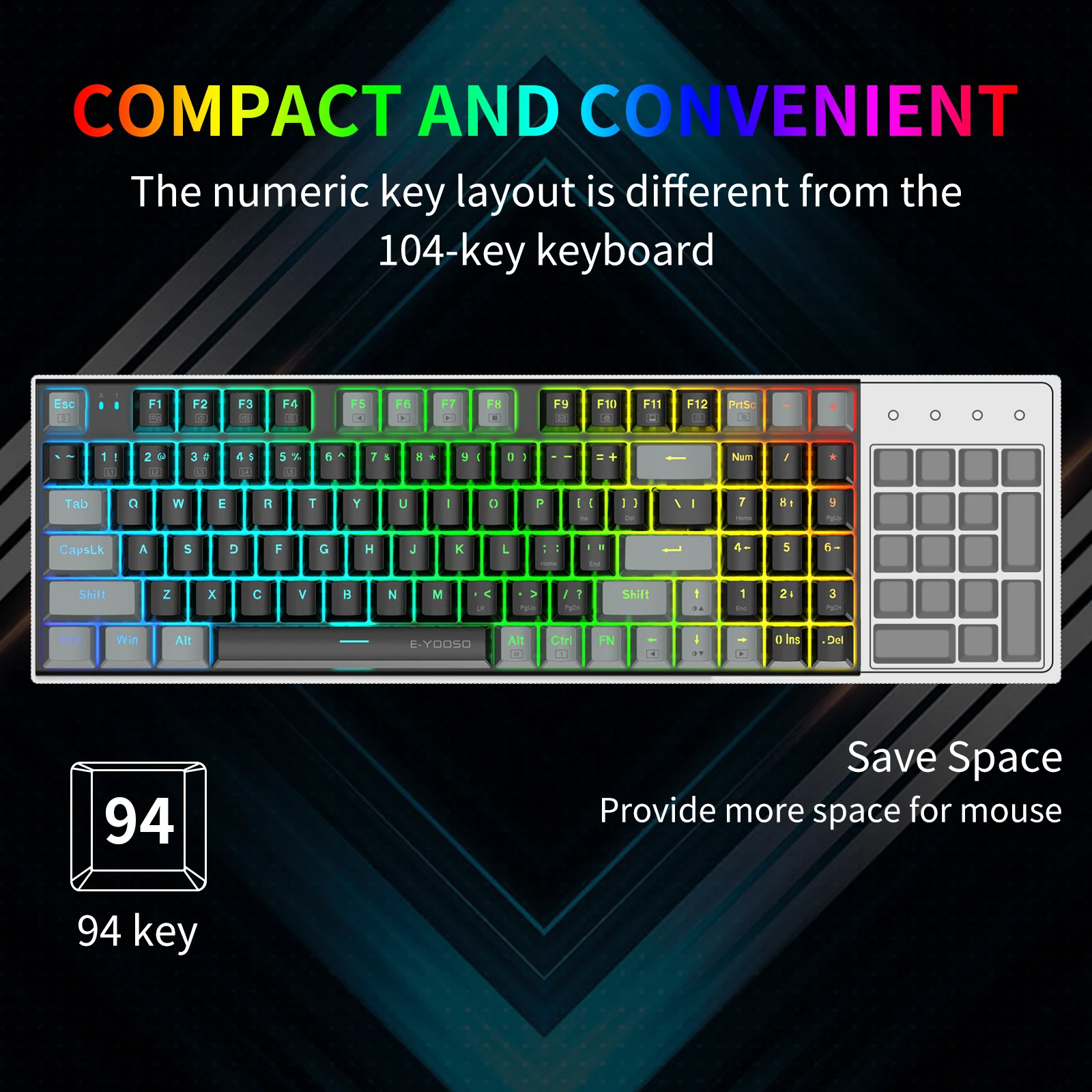 Фото Механическая игровая клавиатура E-YOOSO Z-19, настоящая RGB-подсветка, 5-контактная с возможностью горячей замены, 94 клавиш для ПК/компьютера №2