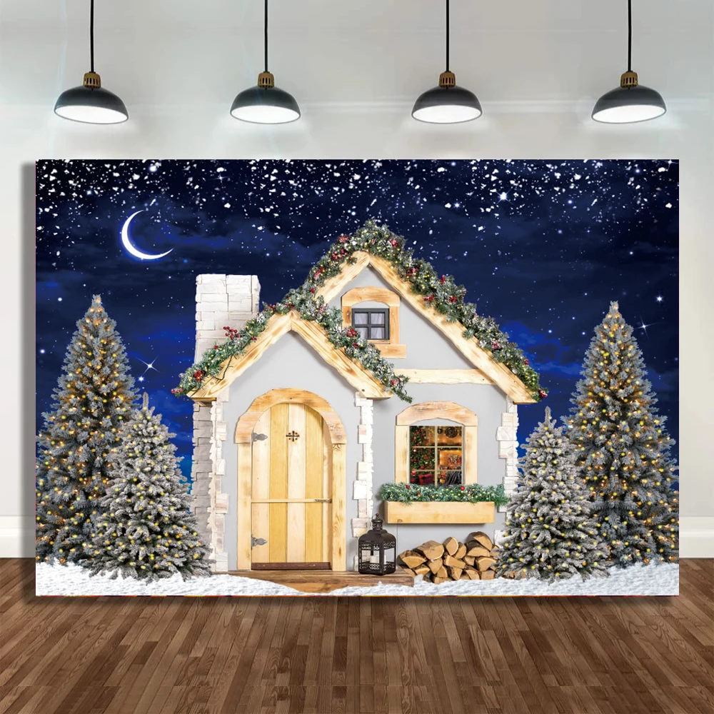 

Рождественский дом фотографический фон Рождественская елка звезды и луна портретная фотография Фон Ночная семейная фотография