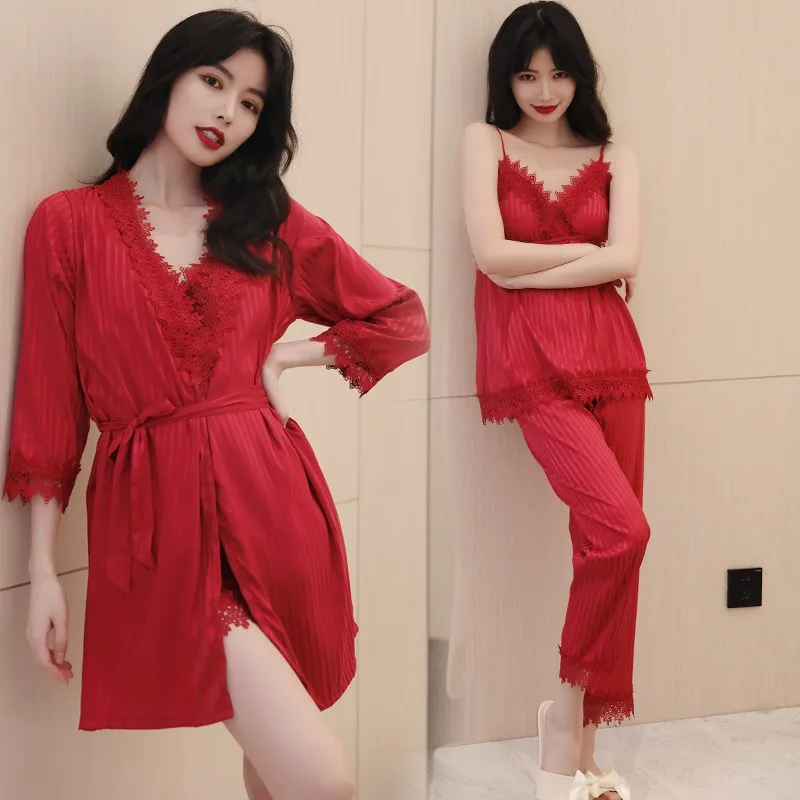 Tulin FashionSexy Satin Pajamas Suit 4PCS Women PJS Set Casual Kimono Bathrobe  Nightwear Striped Sleepwear Homewear Pijamas