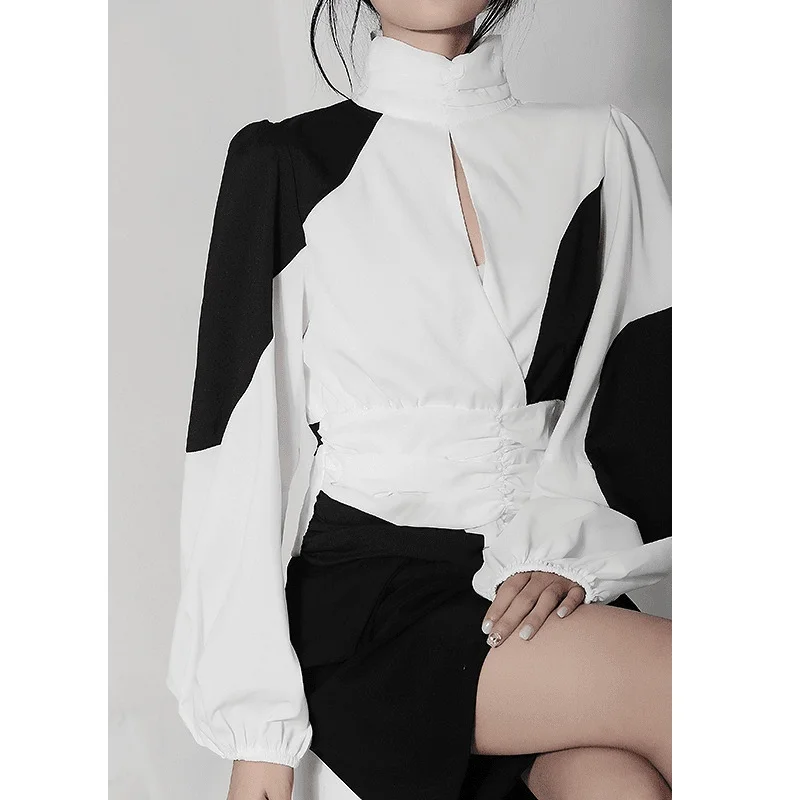 

XUXI Chiffon Shirt Women Black And White Color-Contrast Long Sleeve Splicing Fashion Draw-Back Blouses Spring 2022 E4791