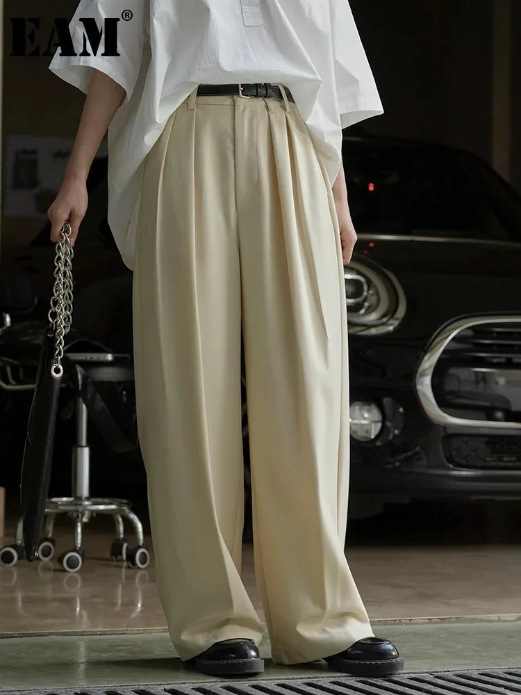 [EAM] Абрикосовые плиссированные короткие длинные широкие брюки с высокой талией