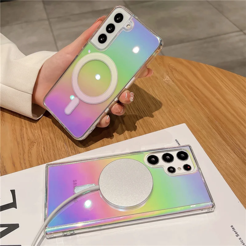 

Magnetic Case For Samsung s23 Ultra Rainbow Laser Wireless Charger Transparent Acrylic Cover for Samusng Galaxy S22 Plus S23