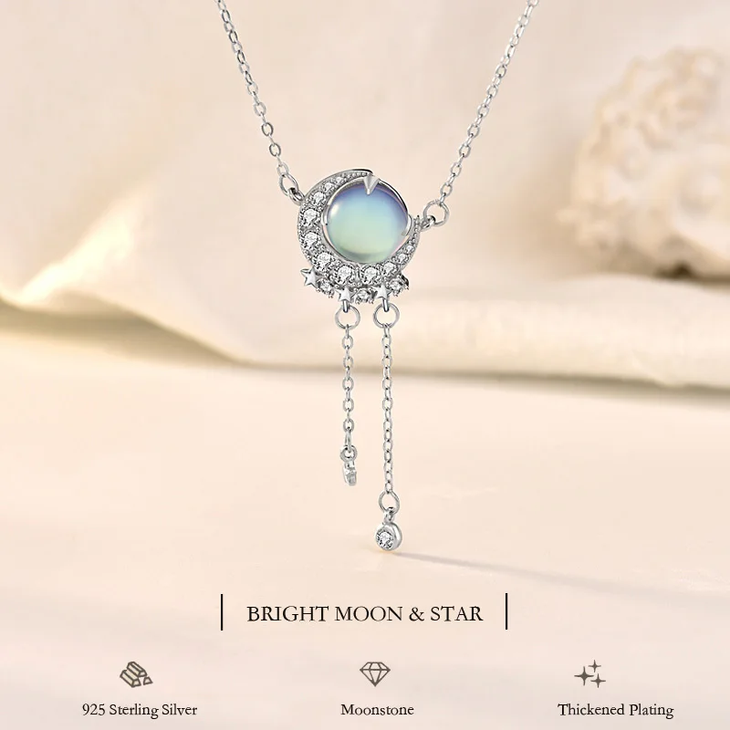 

Europe and United State Hot Sales Original Design 925 Sterling Silver Bright Moon and Star Necklace for Women Inlay Moonstone