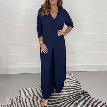 Ladies Casual Fashion Chiffon Long Sleeve Trousers Two Piece Set Solid Color V Neck Split Long Top And Loose Wide Leg Trouses 1