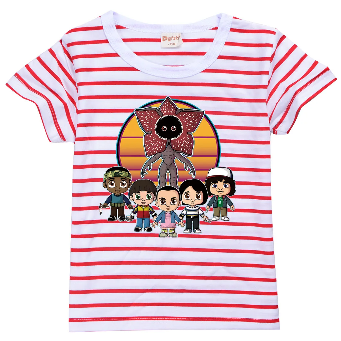 

Boys Girls Anime Cartoon Stranger Things Print Short Sleeves O-neck Summer Casual T-shirt Kids Outdoor Wearing Striped Top Tee