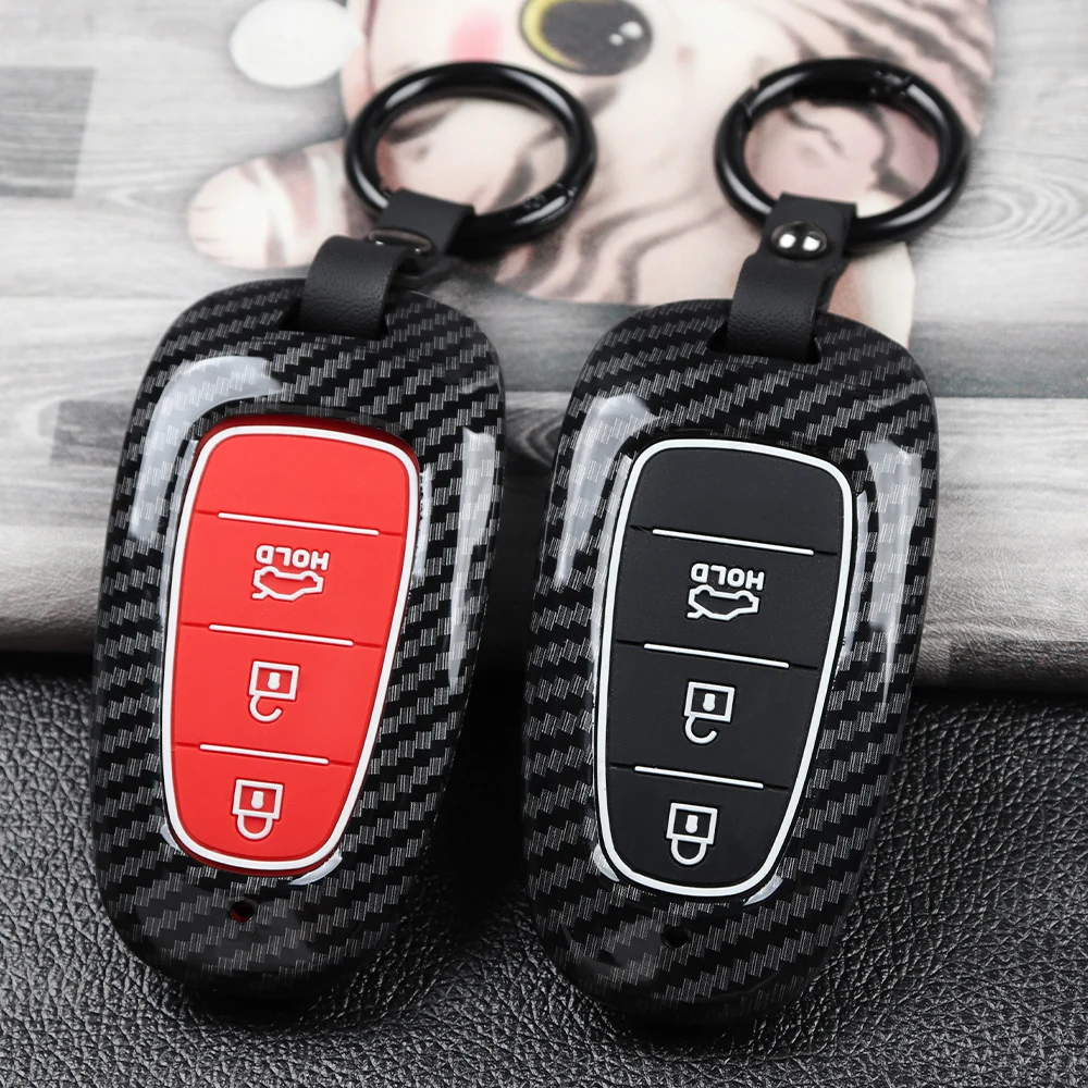 

Carbon Fiber ABS +Silicone Car Key Case Cover for Hyundai Solaris Sonata Hybrid NEXO NX4 New Grand Santa Fe Tucson 2020 2021