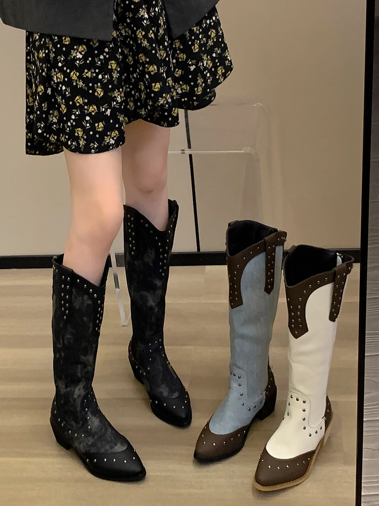 

Женские кожаные сапоги с заклепками, привлекательные сапоги до бедра на высоком каблуке, женская обувь, Ковбойские Сапоги выше колена на среднем каблуке, 20