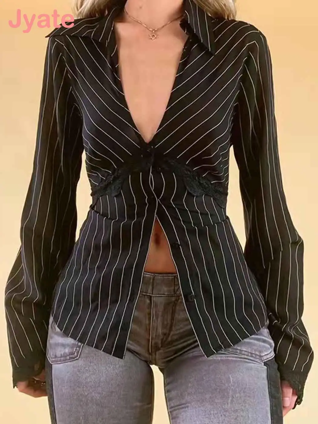 Jyate Vintage Stripe Flared Sleeve Cardigan Shirts Women Lace Deep V Neck Elegant Fashion Single Button Blouses And Tops Y2K