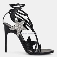 black shiny crystal embellished sandals black stilettos heels women sandals ankle strap sexy party wedding shoes on heels summer