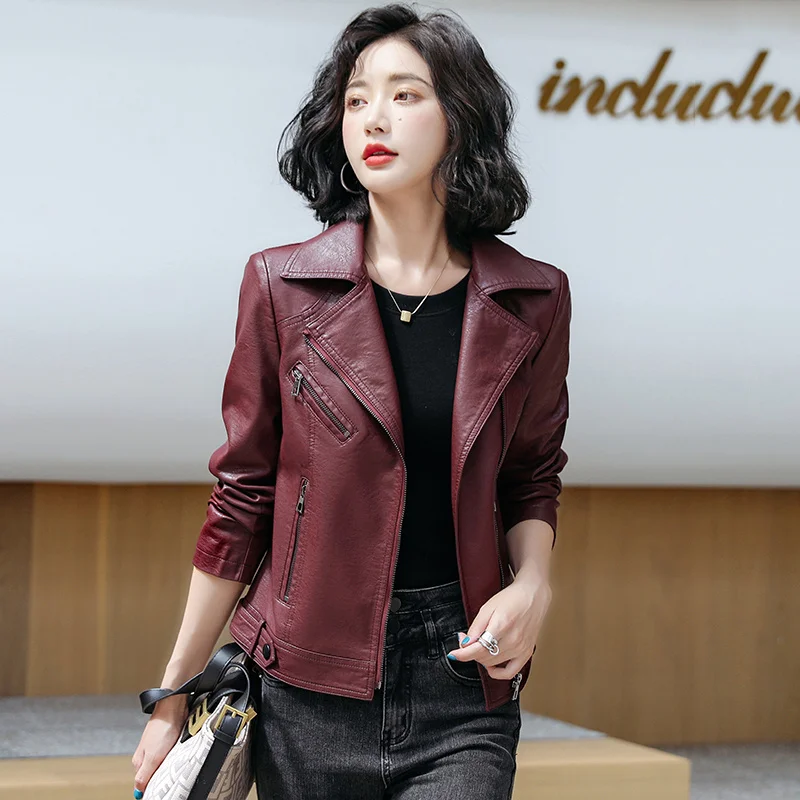Women Classic Leather New Coat Spring 2023 Fashion Suit Collar Solid Color Slim Short Sheepskin Outerwear Biker Leather Coat