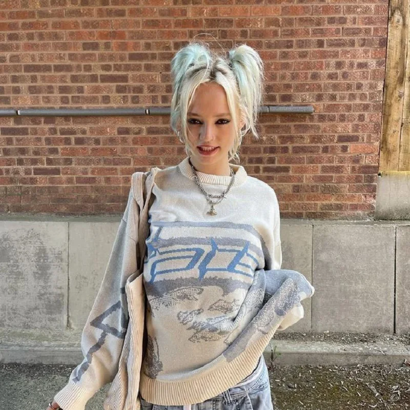 

Women's Pullovers Sweaters Creative Stripes Women's Knitted Streetwear Maiden Oversized Harajuku O Neck Knitwear Men Clothing