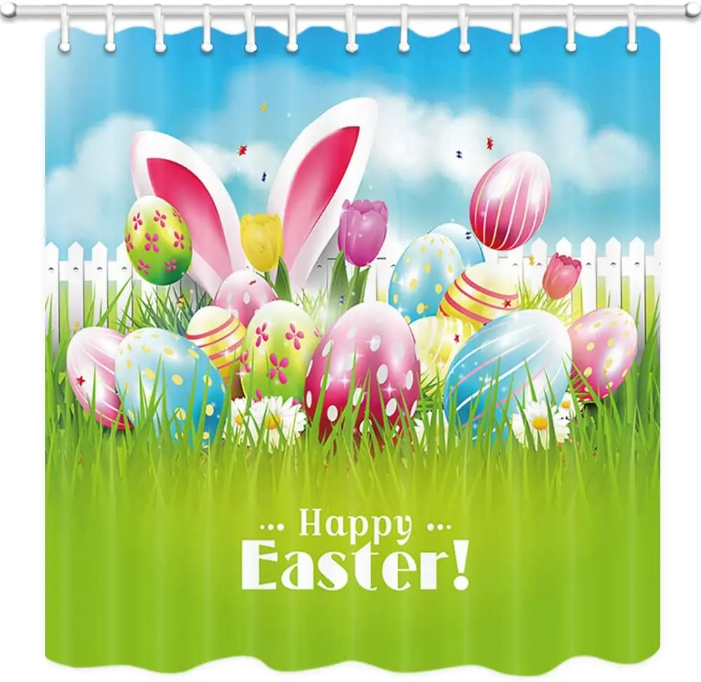 

Пасхальная душевая занавеска с красочными яйцами и кроличьими ушками в зеленой траве, занавеска для ванной из полиэстера с крючками