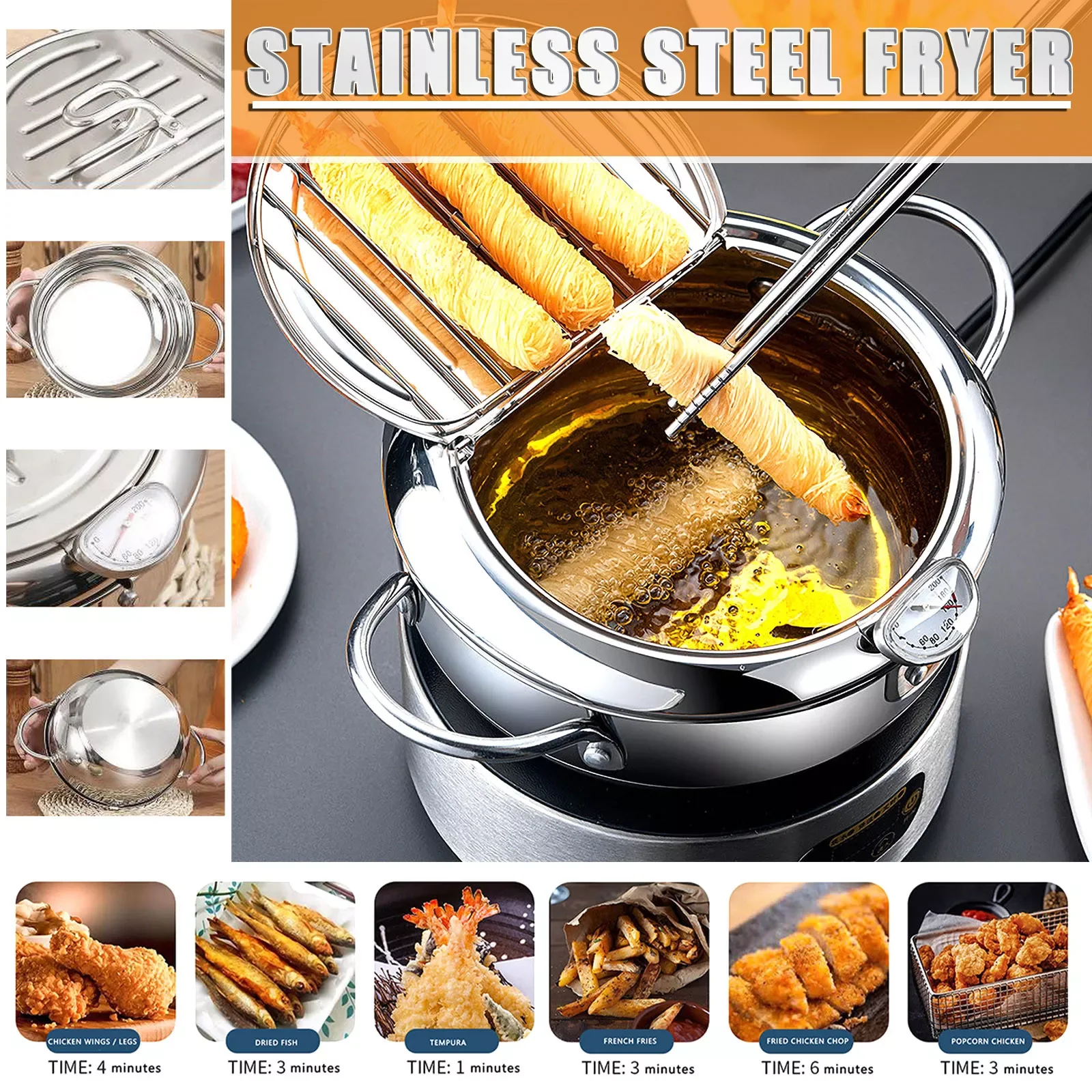 

Air Fryers Pan Stainless Fryer Household And Temperature Control With Strainer Mini Steel Fryer Kitchen，Dining & Bar