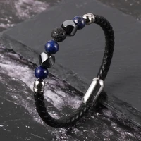 vintage mens homme en cuir genuine leather cord natural lava volcanic tiger eye stone bead wrap bracelets cuff bangles
