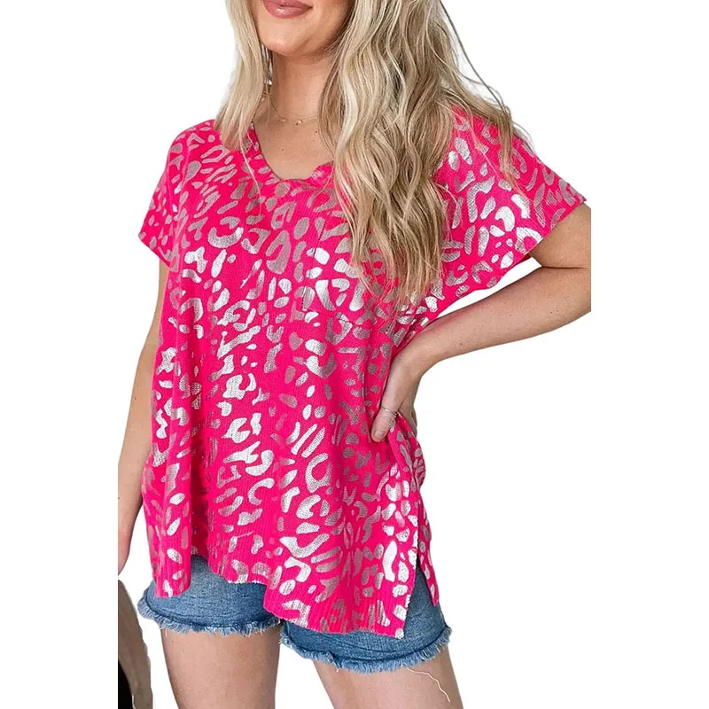 

Women's T-Shirt bronzing leopard print short sleeve V-neck loose pullover