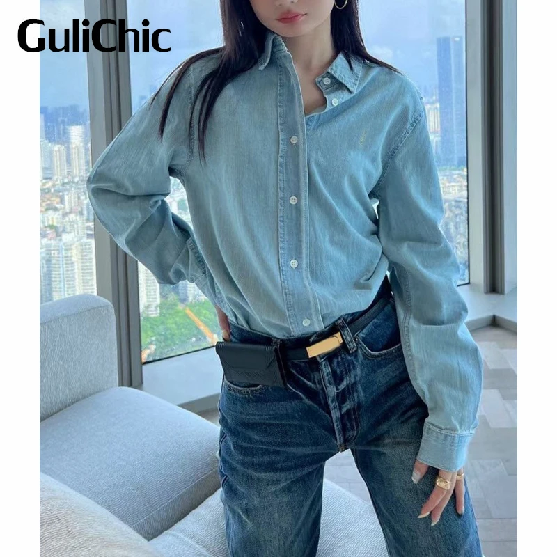 10.17 GuliChic Women Temperament Single Breasted Long Sleeve Embroidery Letter Loose Casual Solid Color Cotton Denim Shirt