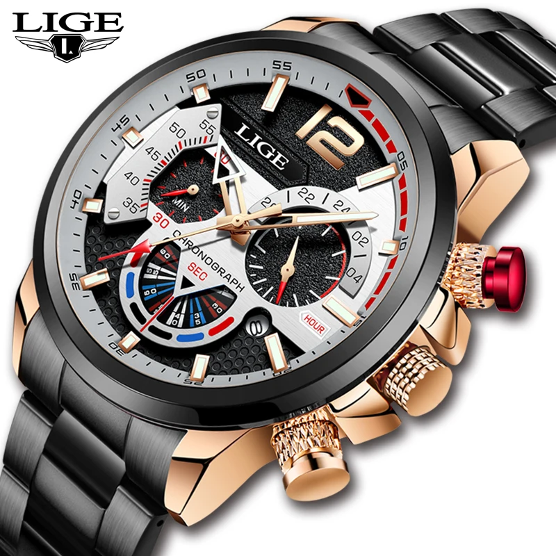 

Часы LIGE Мужские кварцевые, роскошные спортивные водонепроницаемые в стиле милитари, из нержавеющей стали, с коробкой
