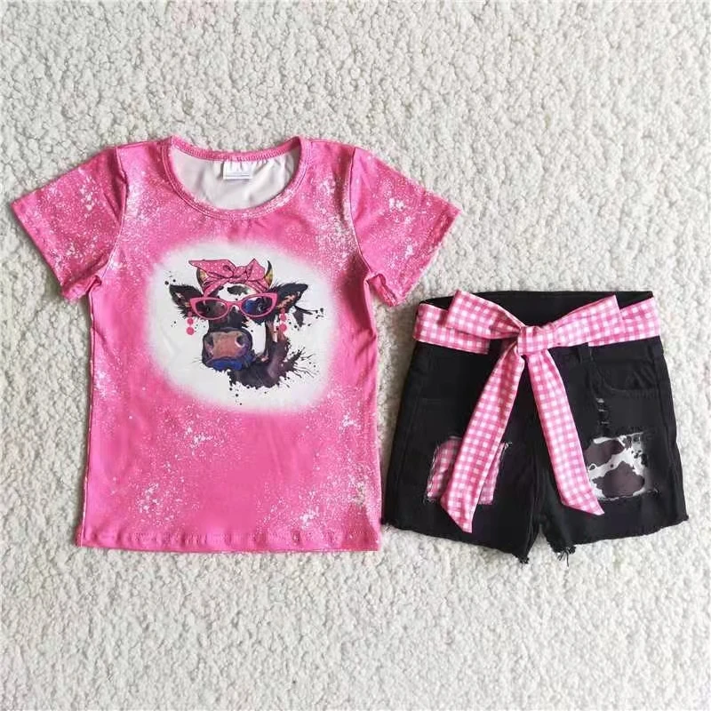 

hot sale toddler baby girl clothes outfit hot pink short sleeve t shirt and denim shorts kids girl summer clothing set