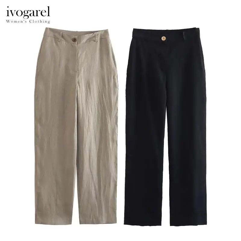 

Ivogarel Loose Casual Linen Wide-Leg Trousers Women's High-Waist Straight-Leg Pants with Front Pockets Traf Office Outfits